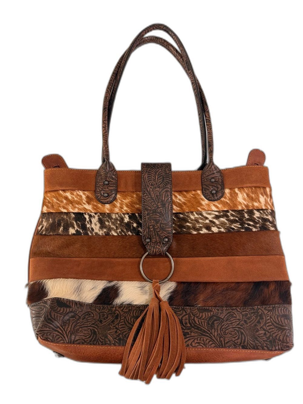 Tony Lama Concealed Carry CCW Leather Handbag Cowhide Tooled Patchwork Tote Bag